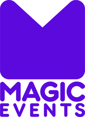 A Purple logo for Magic Events, a photo booth rental company.